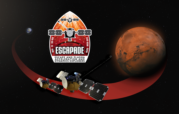 ESCAPADE mission patch and twin spacecraft