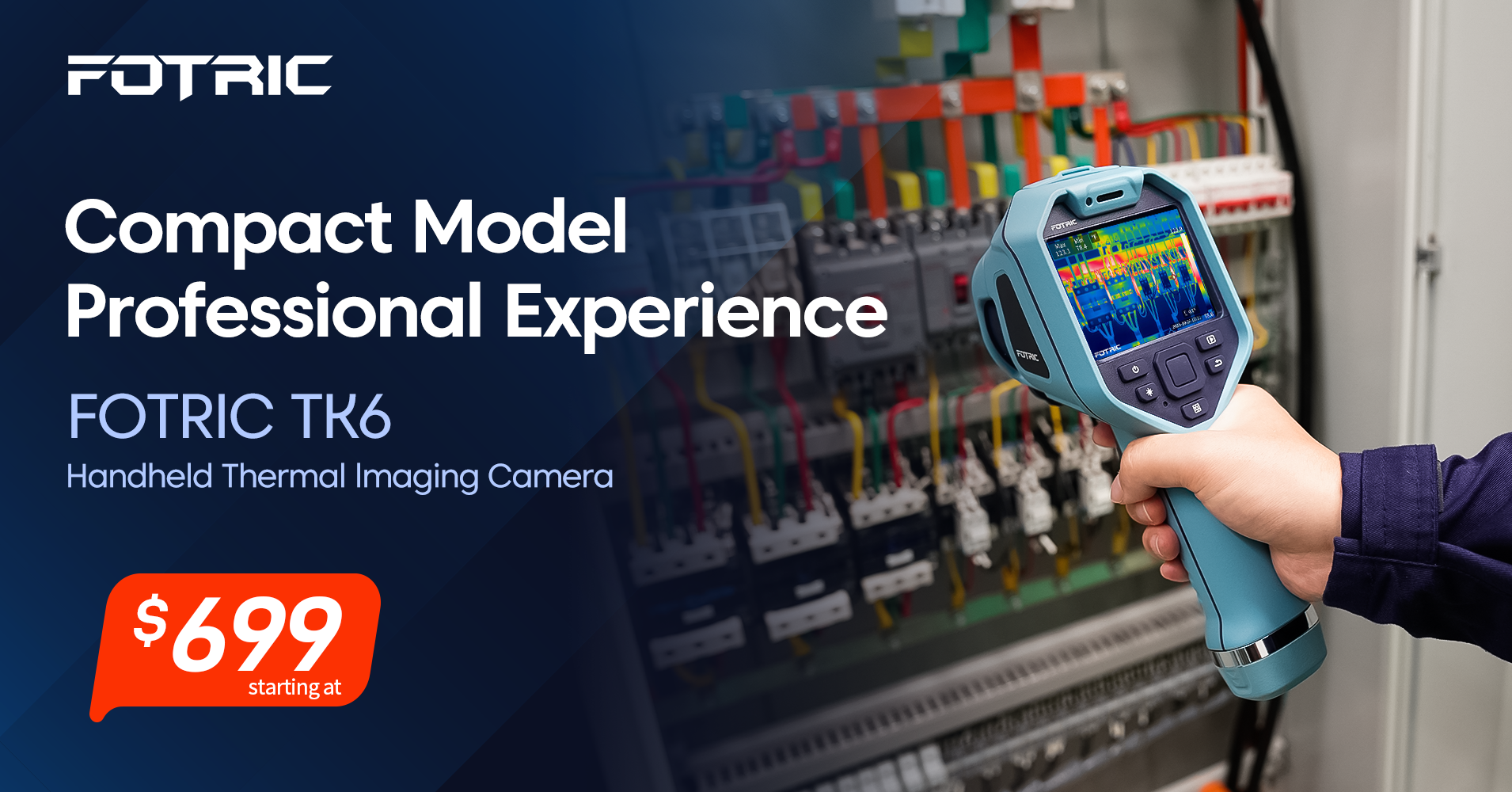 FOTRIC TK6 thermal camera showcasing its key features and starting price of USD $699, emphasizing professional-grade performance and accessibility.