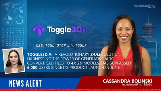 Toggle3D.ai, a revolutionary SaaS solution harnessing the power of generative AI to convert CAD files to 4K 3D models, has surpassed 6,000 users since its product launch in June: Toggle3D.ai, a revolutionary SaaS solution harnessing the power of generative AI to convert CAD files to 4K 3D models, has surpassed 6,000 users since its product launch in June.