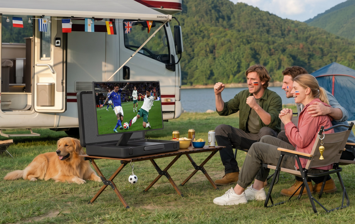27-inch PackGo TV used during camping trip to watch live soccer match outdoors with friends enjoying game in RV campsite