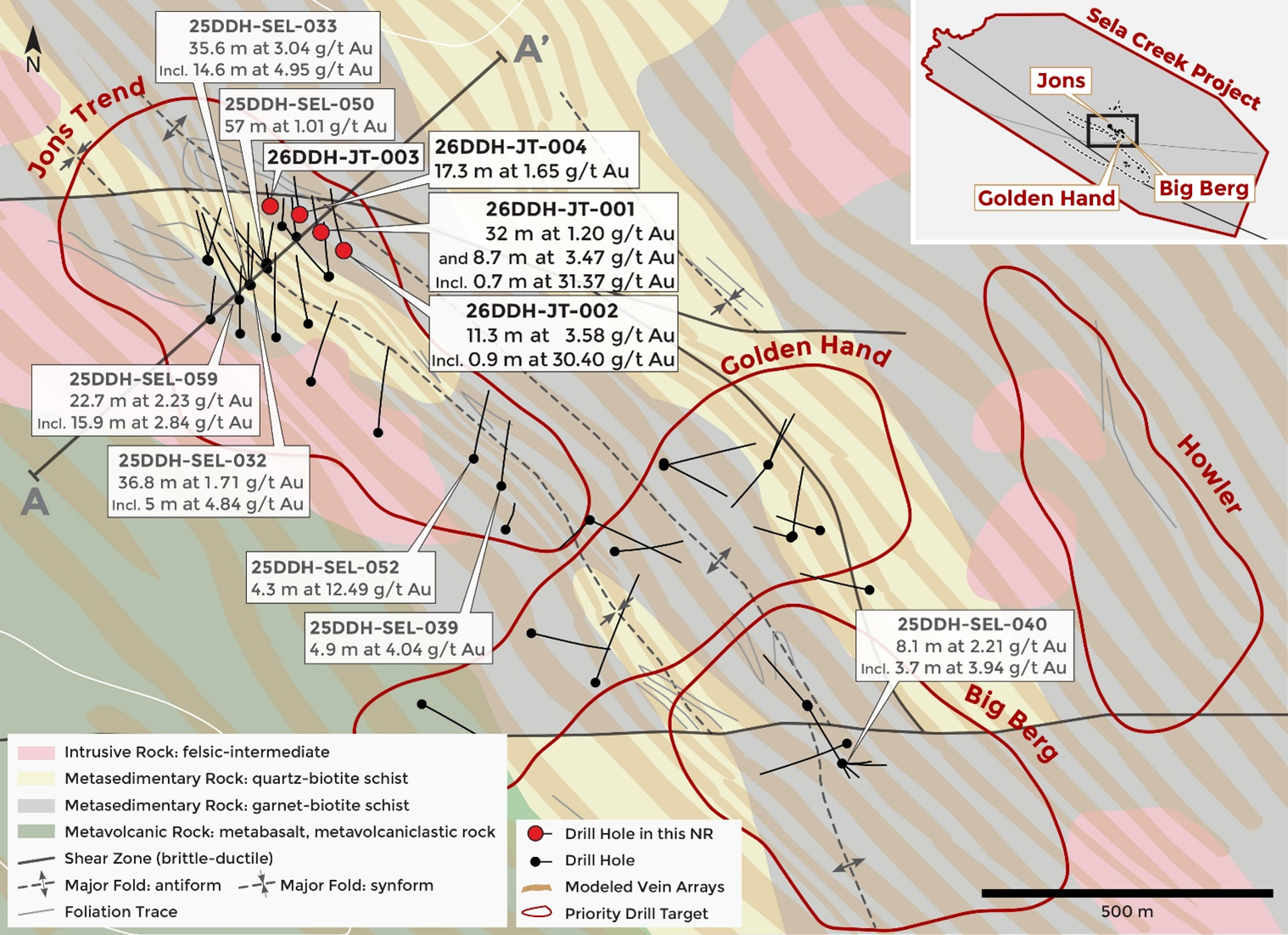 Drill map of Jons Trend. All 2026 results are reported as true width. All 2025 results are indicated as intersected width. True width information, where available, is disclosed on the Company website through this link. (https://miatametals.com/table-of-drill-results-sela-creek-live/) 