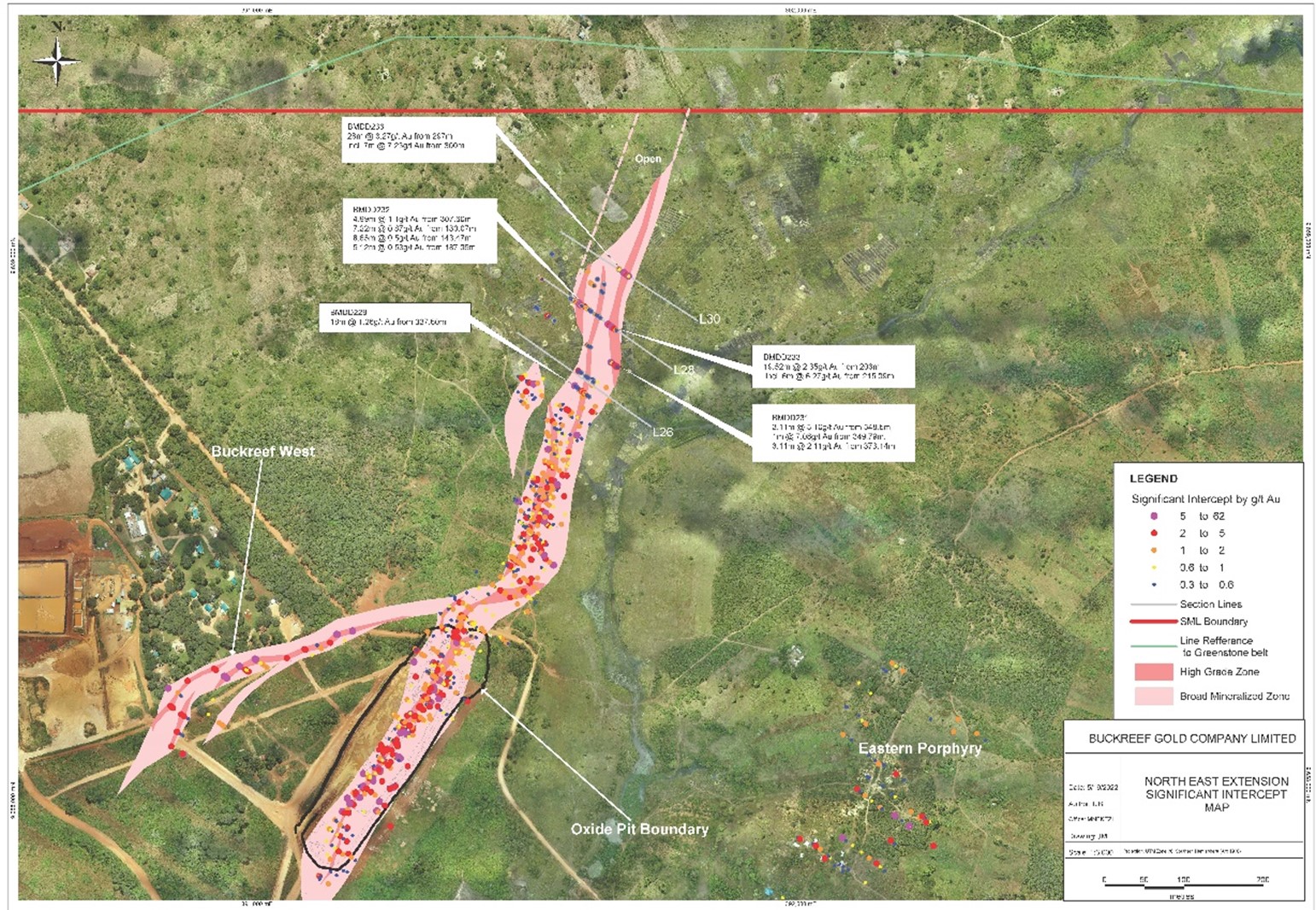 Map Showing Mineralization Extension and Location of Drill Results at Buckreef Main Zone Northeast Extension (Drone Base Image Date – May 2021. Oxide Pit outline as of April 2022).