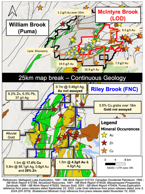 Location of Fancamp's Riley Brook property and Lode Gold's McIntyre Brook holdings