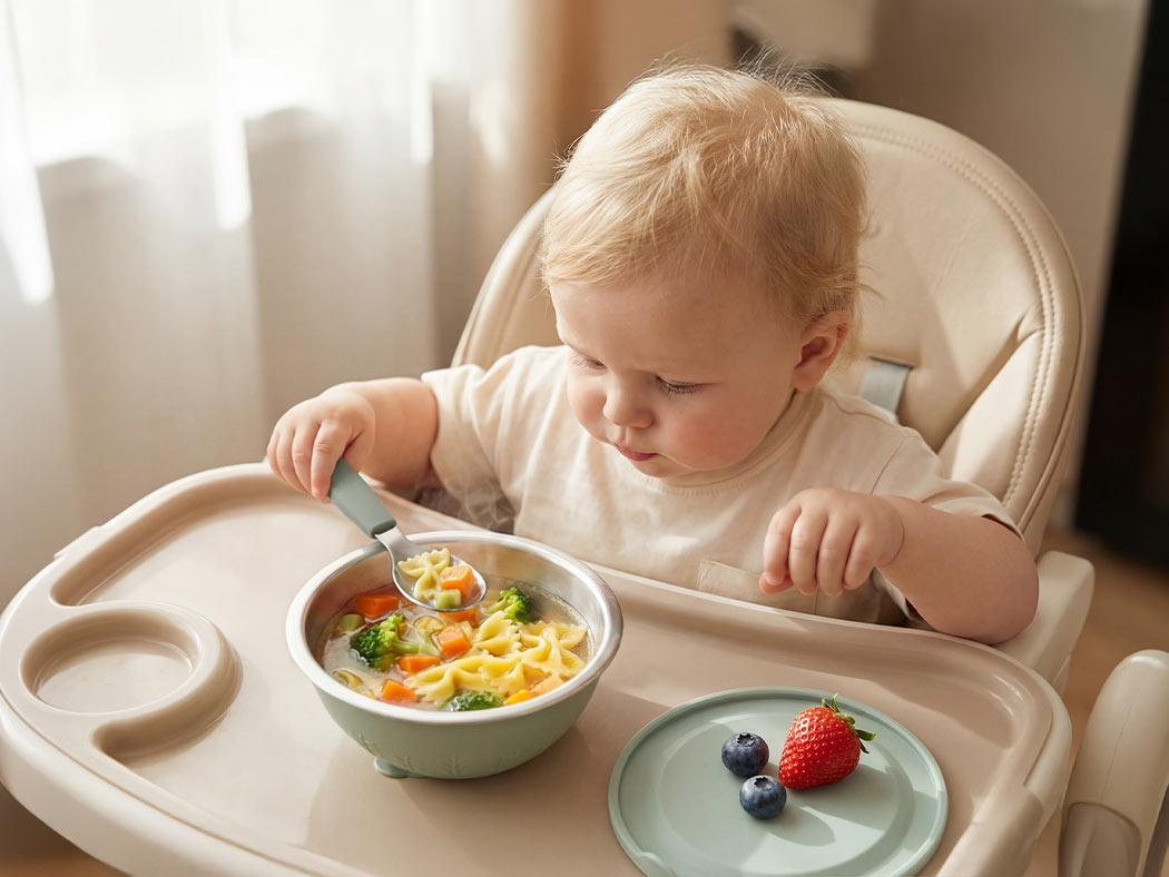 Baby self-feeding using Moonkie suction bowl without spills