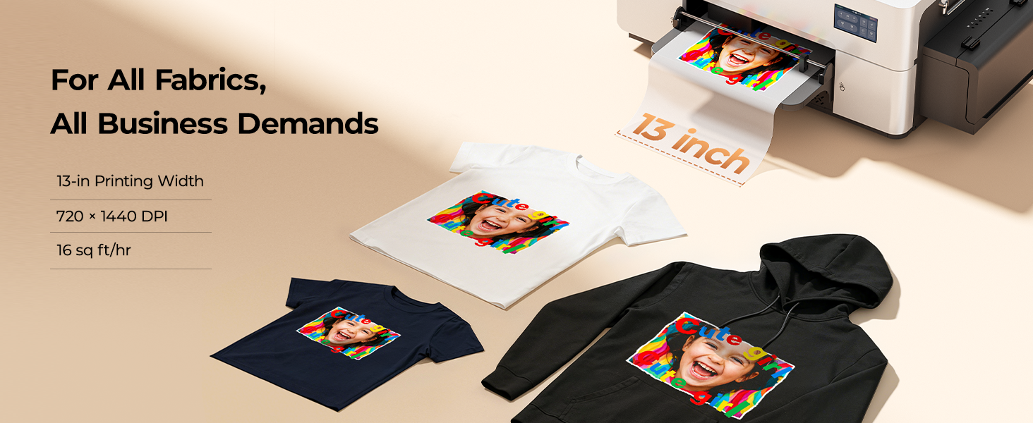 HTVRONT D2 DTF printer with 13-inch print width and high-resolution output for consistent production use.