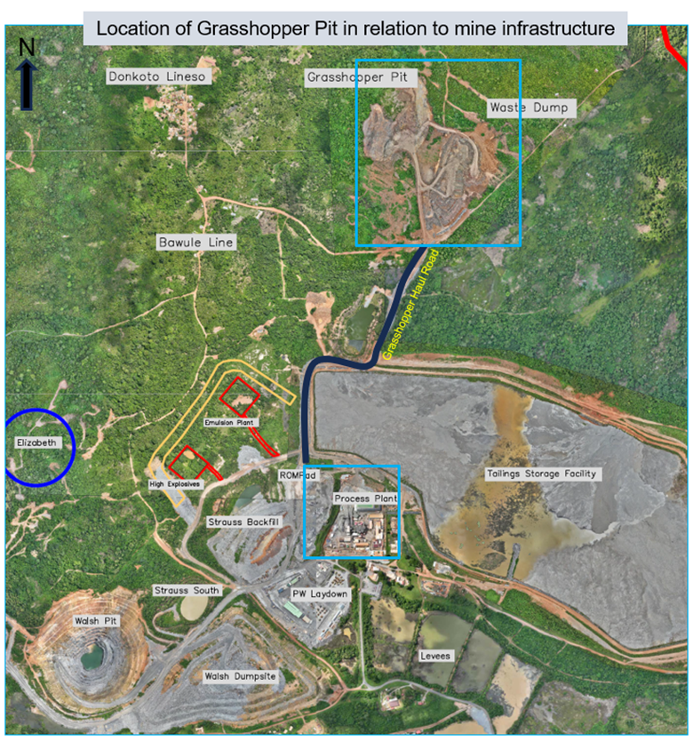 Lidar image of the Bibiani mine showing the Grasshopper pit in relation to mine infrastructure.