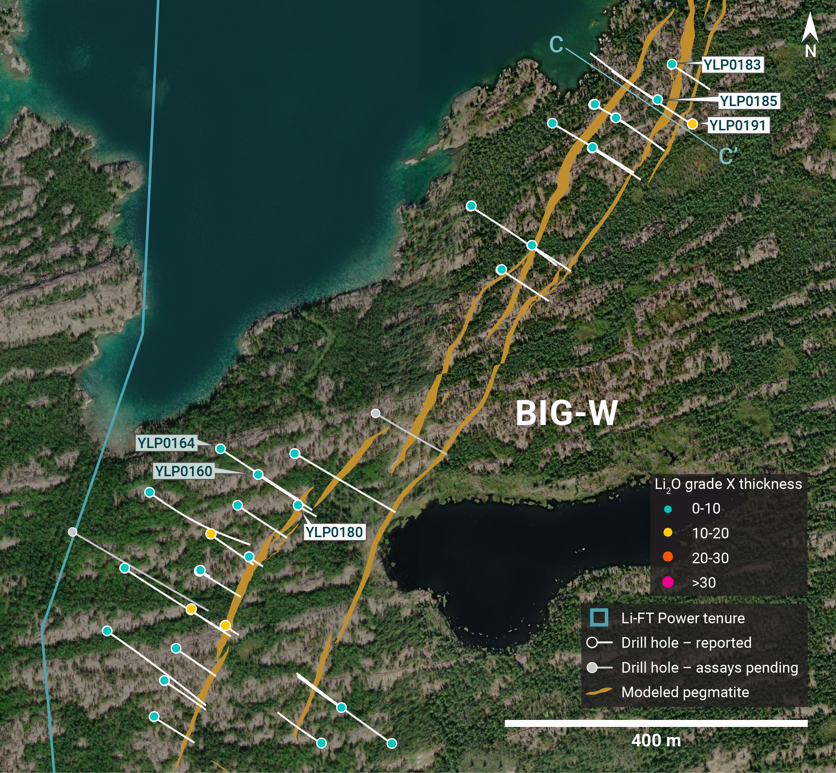 Plan view showing the surface expression of the BIG West pegmatite with diamond drill holes reported in this press release.