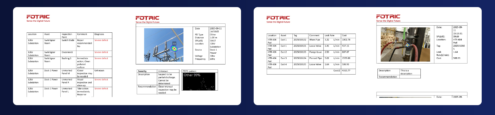 FOTRIC NaviPdM®  Venus interface displaying automated acoustic inspection report with annotations and AI insights.