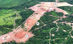Figure 2: Aerial view of future Tucumã Project processing areas, including (A) primary crushing, (B) secondaryand tertiary crushing, and (C) plant and administrative buildings.