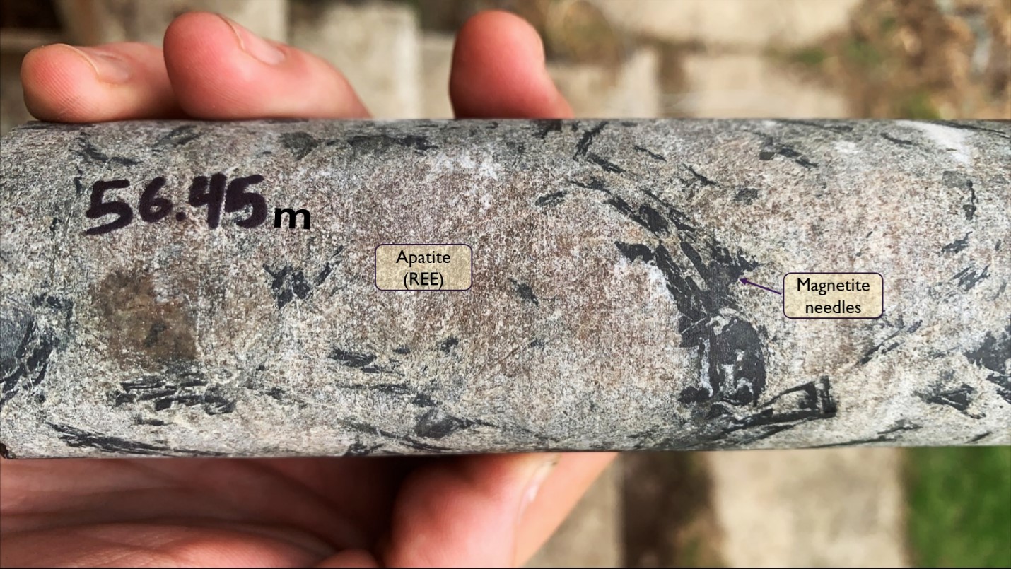 Photograph of drill core from near bedrock surface at the top of drill hole HK20-004, located on the same drill collar as Hole 13, showing altered magnetite needles with reaction rims of pyrite–pyrrhotite–iron carbonate and bastnaesite (LREE)–pyrochlore (Na,Ca)2Nb2O6(OH,F) in a matrix of apatite with calcite inclusions containing monazite ((Ce,La,Nd,Th)PO4), quartz and potassium feldspar. The magnetite-quartz-potassium feldspar assemblage is a high temperature potassic alteration facies.