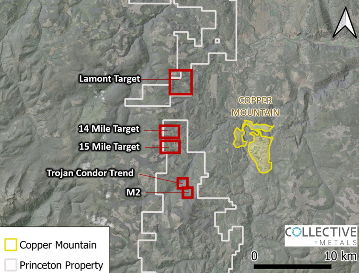 Map showing the targets on the Project and the nearby Copper Mountain Mine