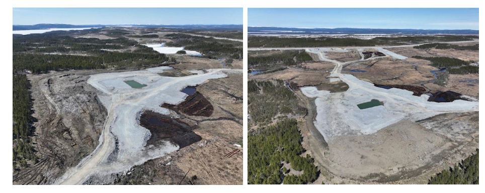 Civils work underway at the future process plant site. On the left, a NW view showing bedrock blasting on the left and the haul road and Leprechaun Mining pit in the far background. On the right, a NE view showing the haul road and overburden stockpile location in the background. Both photos April 2023.