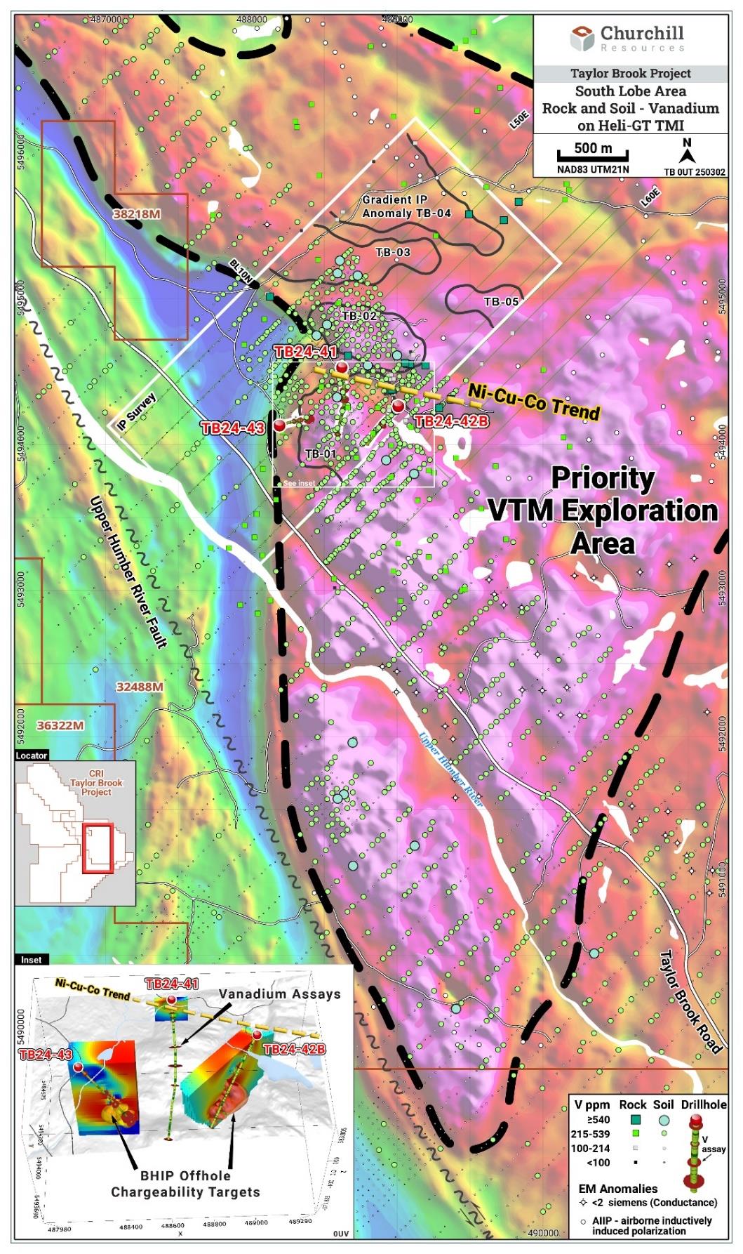 Vanadium in rocks, soils and drill cores over South Lobe TMI with VTEM anomalies