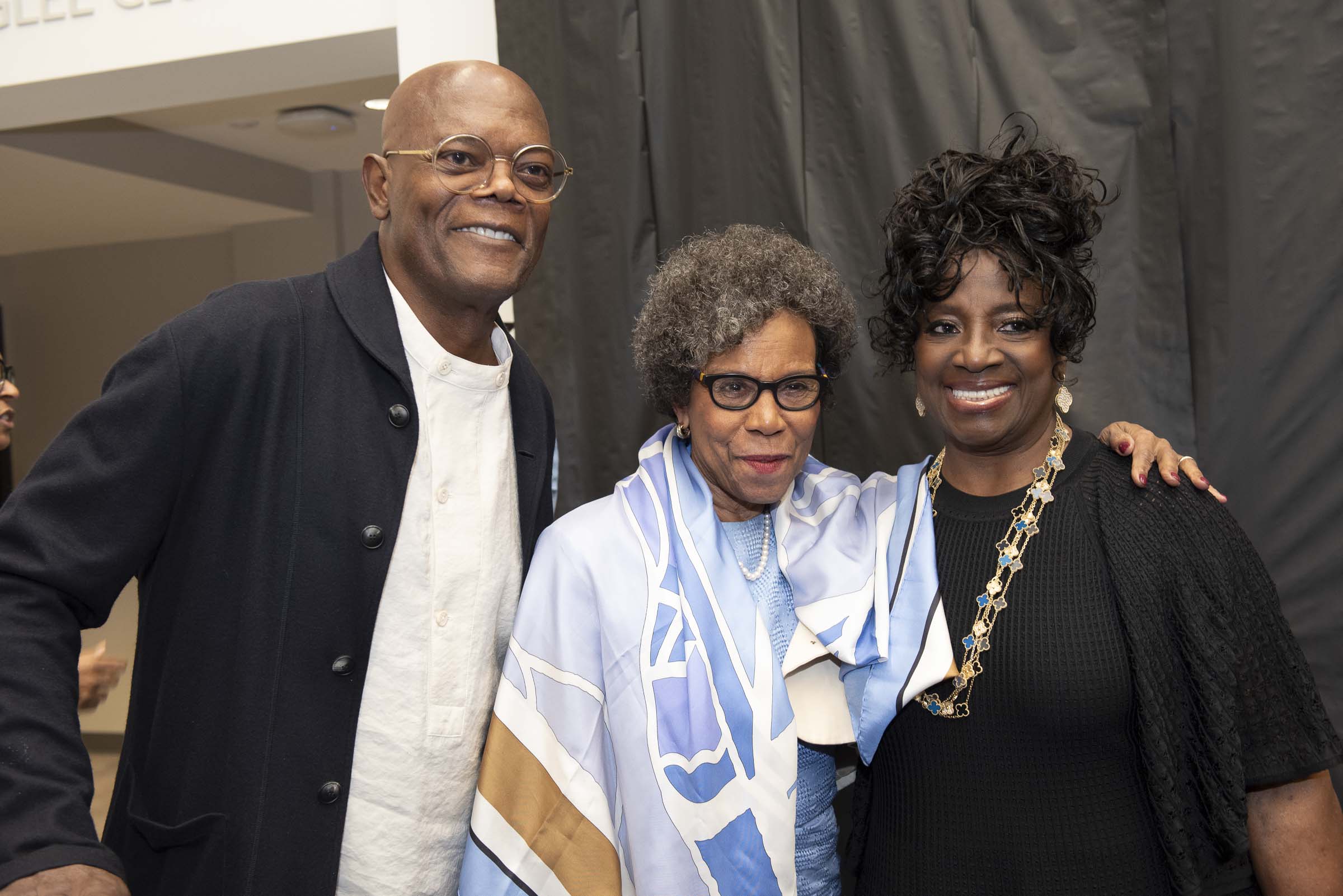 Samuel L. Jackson, Spelman Emerita Dr. Mary Schmidt Campbell, and LaTanya Richardson Jackson pose for a picture at the celebration event.