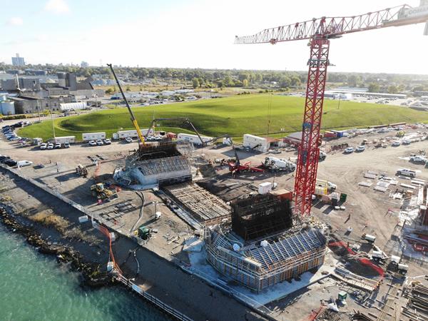 On the Canada site in Windsor, Ontario, Aluma Systems by BrandSafway is providing formwork, falsework, stair towers and access platforms to support the concrete pours for the main pylon footings on the Gordie Howe Bridge for the Windsor Detroit Bridge Authority. #WDBA