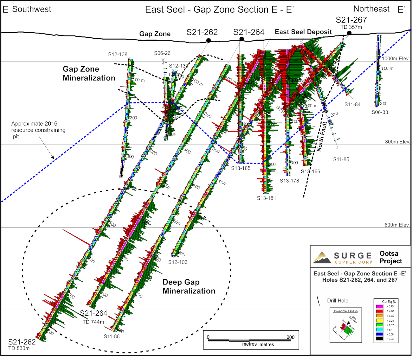 Figure 2: East Seel and Gap Zone section E-E’ showing results for holes S21-262, 264, and 267