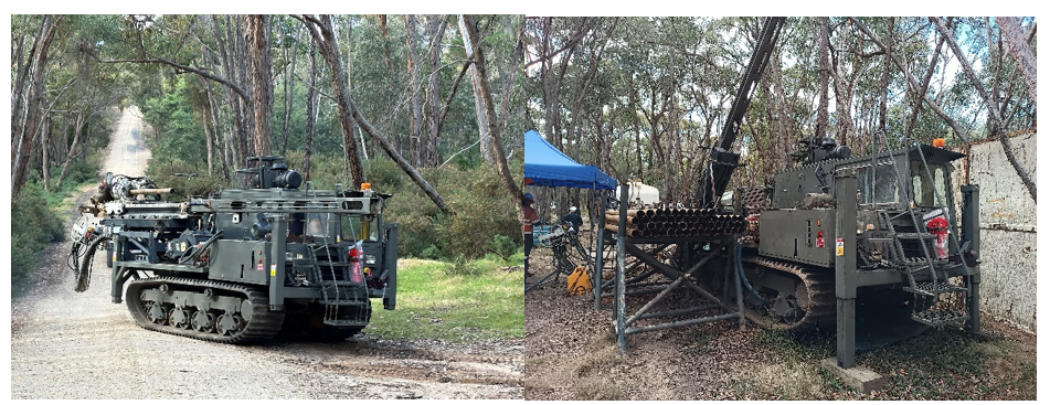 Photos of the diamond drill rig used in the program and a typical drill site.