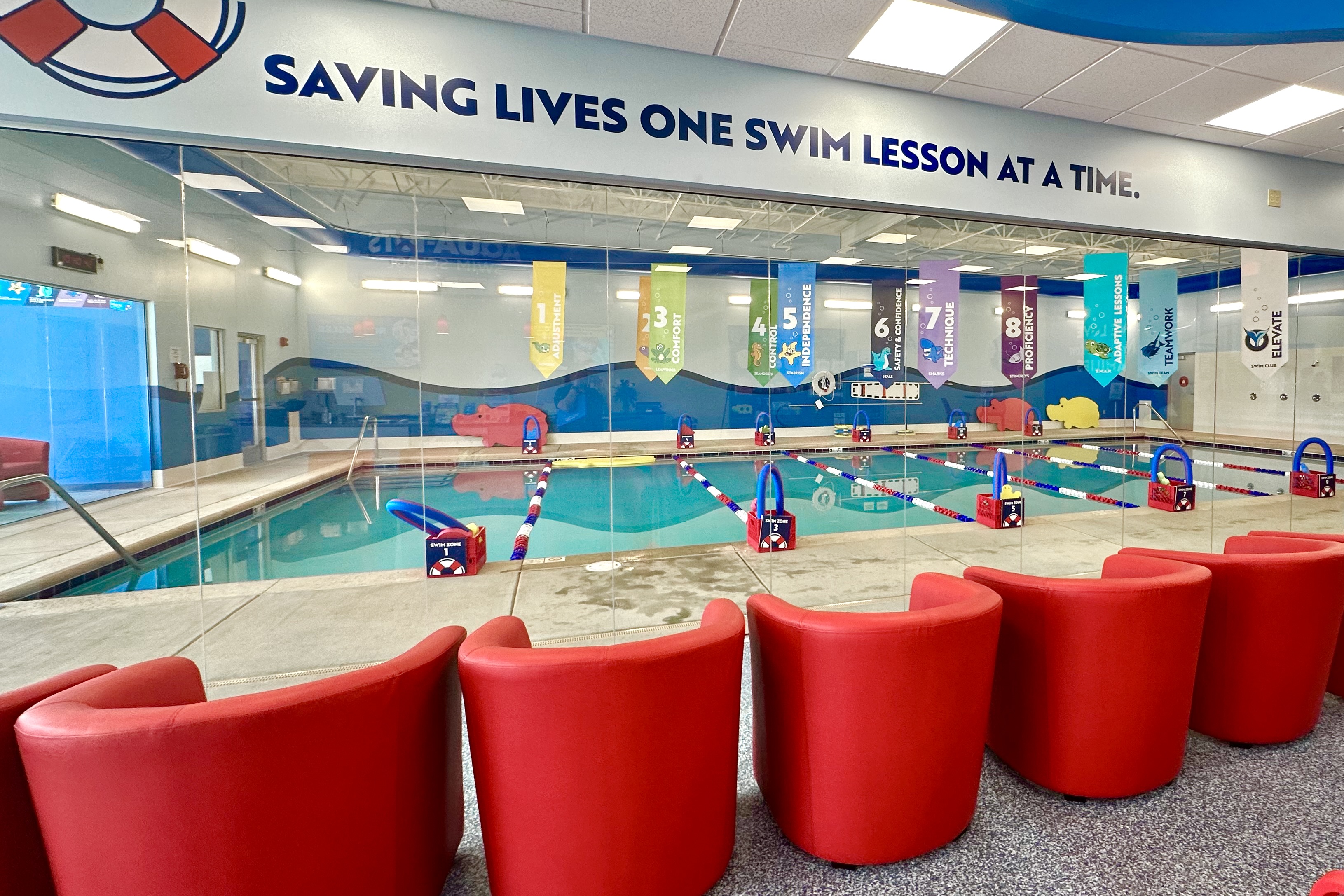 With a 57-foot-long pool and 12 changing rooms, there is room for everyone at Aqua-Tots North Canton.