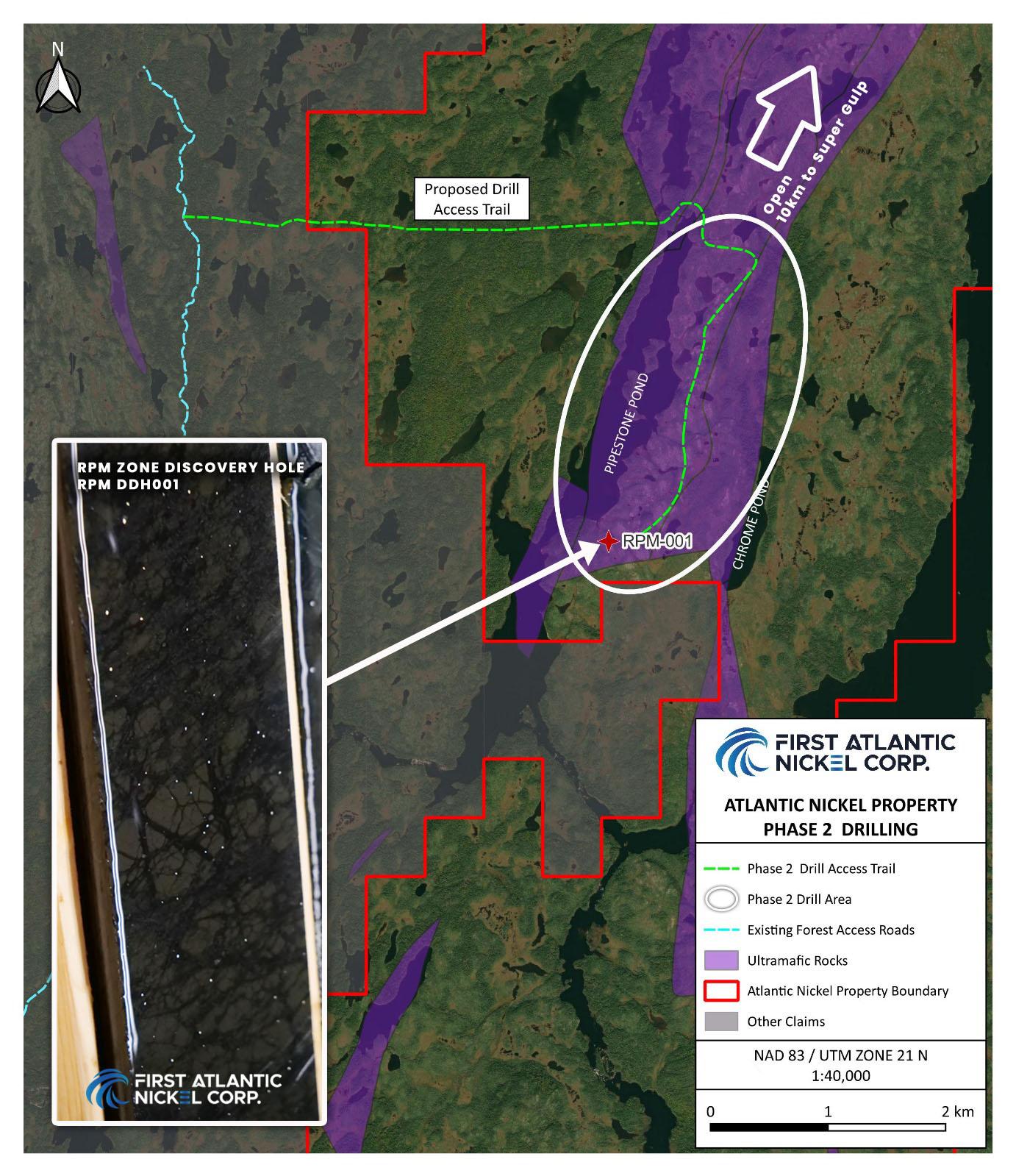 Permitting map area for expanded drilling and accelerated ground access at the RMP Zone. The white circle outlines the area of the planned winter drilling program. The map shows the proposed access route and work area, including the location of drillhole RPM DDH001.