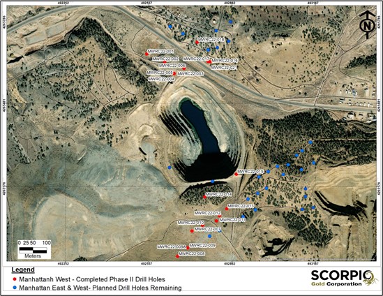 Plan map showing drill hole locations for completed (Red Dots) and remaining (Blue Dots) collars for Phase II drilling program.