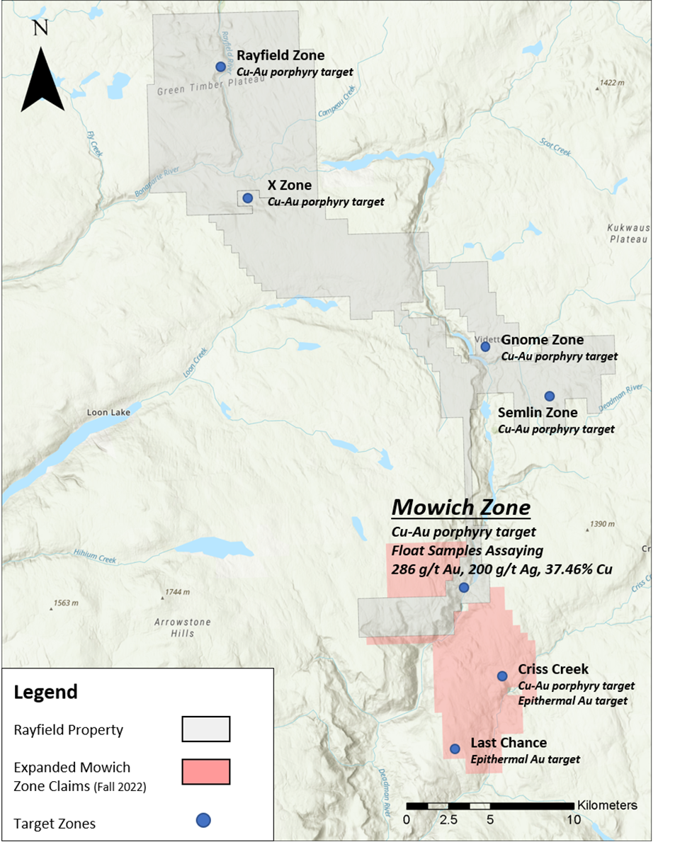 Location of all target zones outlined on the Rayfield Property. Also outlined are the high-grade copper-gold assay values obtained from the Mowich zone. Claims have been expanded around Mowich to cover interpreted structures and geophysical magnetic anomalies.