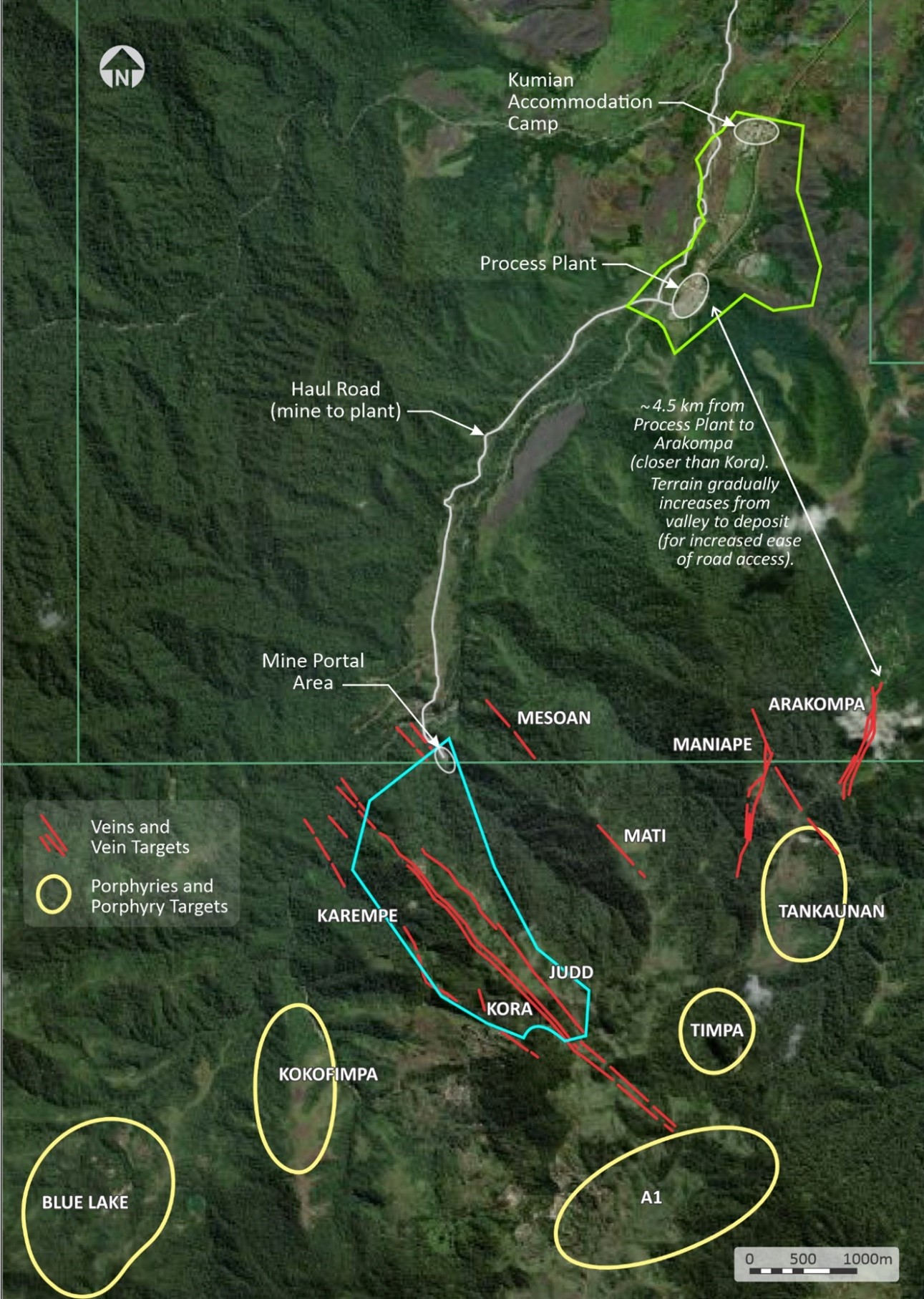 Figure 5 - Site Map and Location of Arakompa, located near infrastructure (~4.5km from the Process Plant).