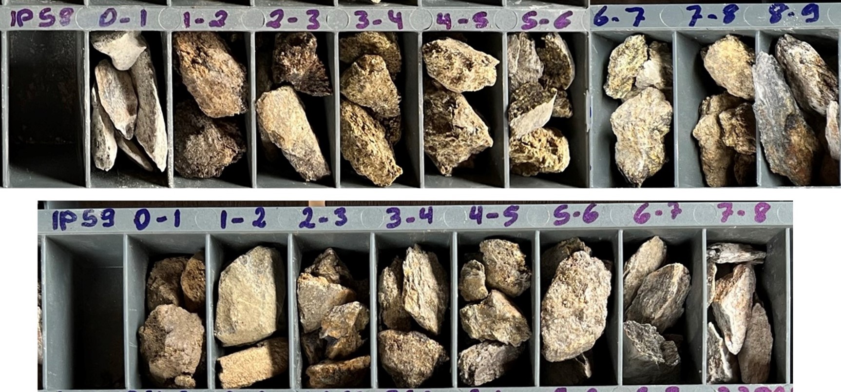 Figure 4: PGE high-grade “chip” archive samples from Trado® holes TR22IP58 and TR22IP59, which returned 8 m grading 2.05 g/t 2PGE+Au from 1 m, incl. 3 m grading 4.70 g/t 2PGE+Au from 6 m, and 6 m grading 3.60 g/t 2PGE+Au from 2 m, incl. 4 m grading 5