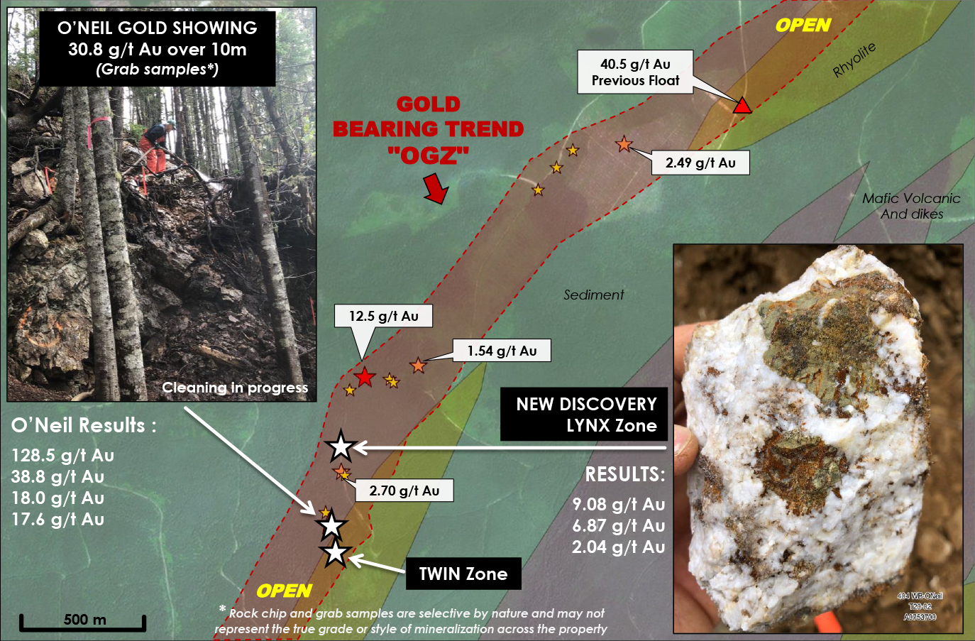 Figure 1: New Gold Discovery, the Lynx Showing is Located 300 Meters NE of O’Neil Showing