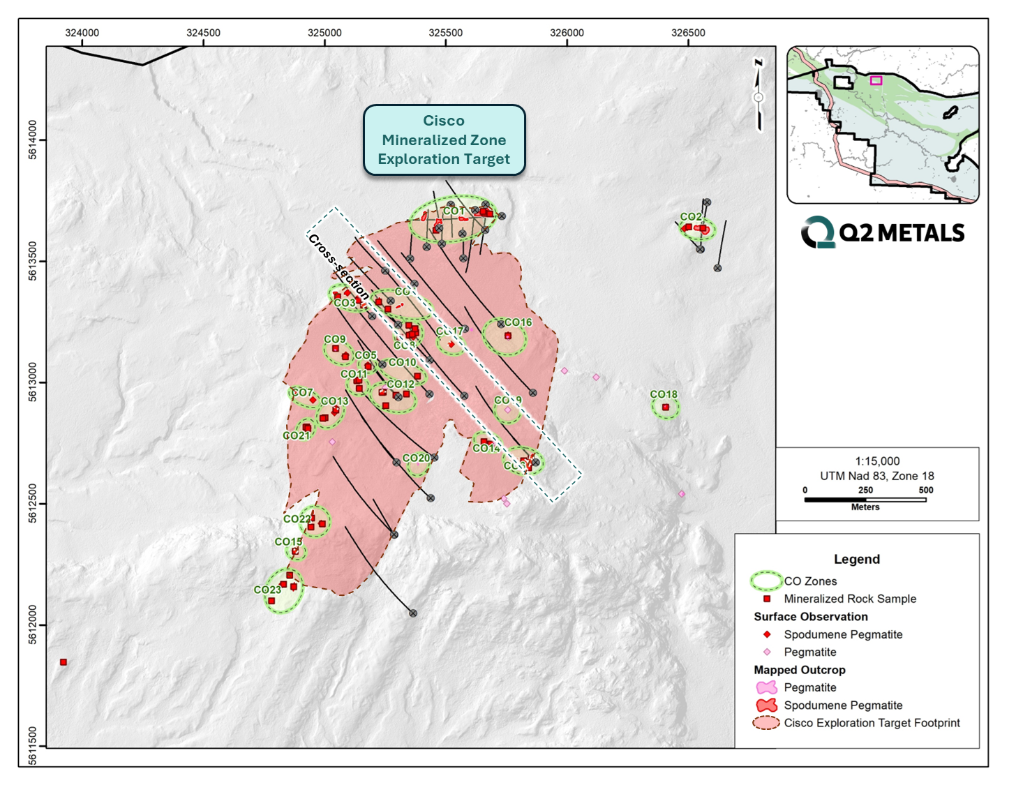 Cisco Project showing pegmatite outcrop zones in the Exploration Target area 