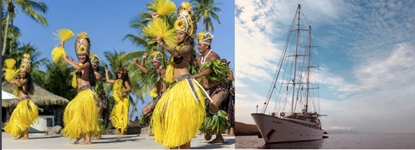 Photos from left to right; French Polynesia dancers, Variety Cruises Panorama II

