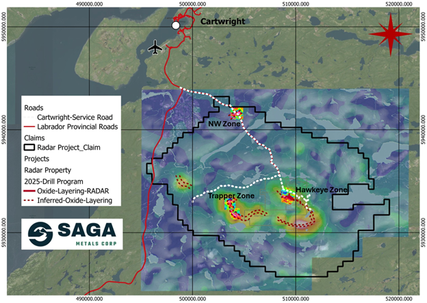 Radar Property map, depicting magnetic anomalies, oxide layering and the site of the 2025 drill programs. The Property is well serviced by road access and is conveniently located near the town of Cartwright, Labrador. A compilation of historical aeromagnetic anomalies is overlaid by ground-based geophysics, as shown. 