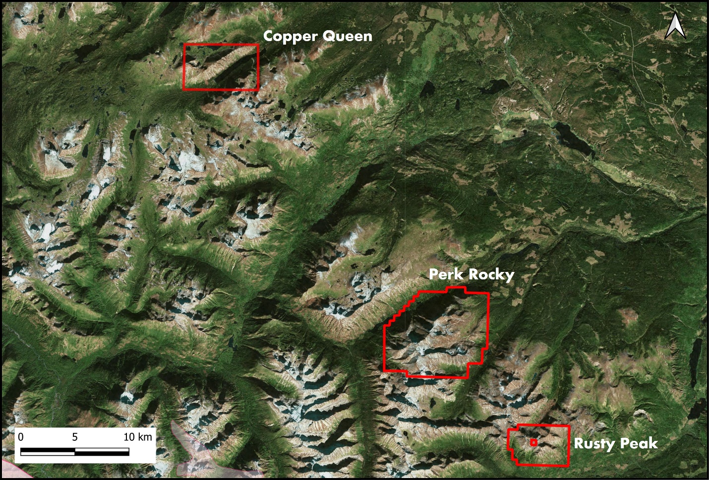 Location of new properties (Copper Queen and Rusty Peak)  with respect to the recently optioned Perk Rocky Project.
