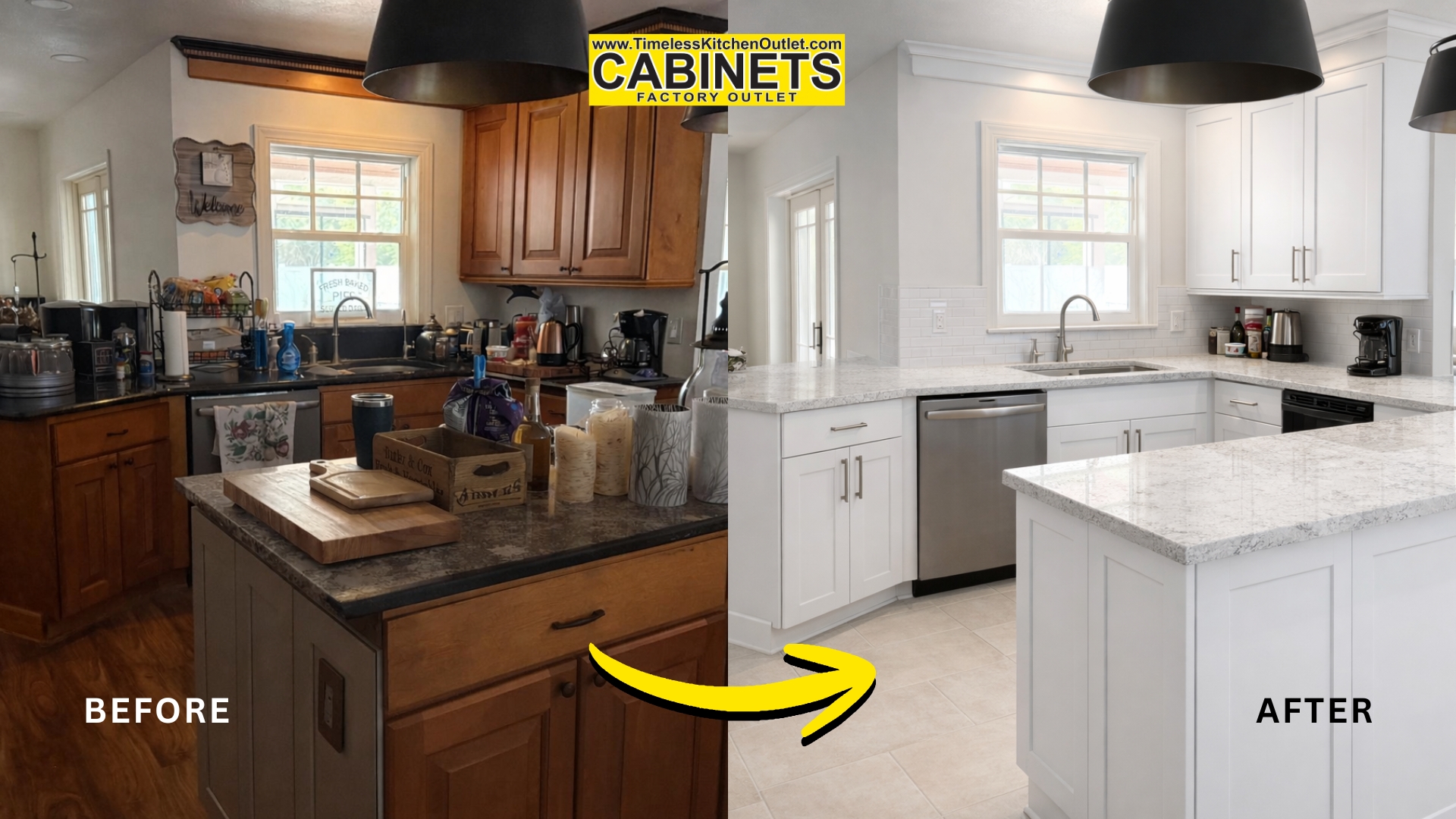 Before-and-after kitchen visualization showing AI-generated cabinet renovation preview using a real homeowner’s photo in Orlando, Florida