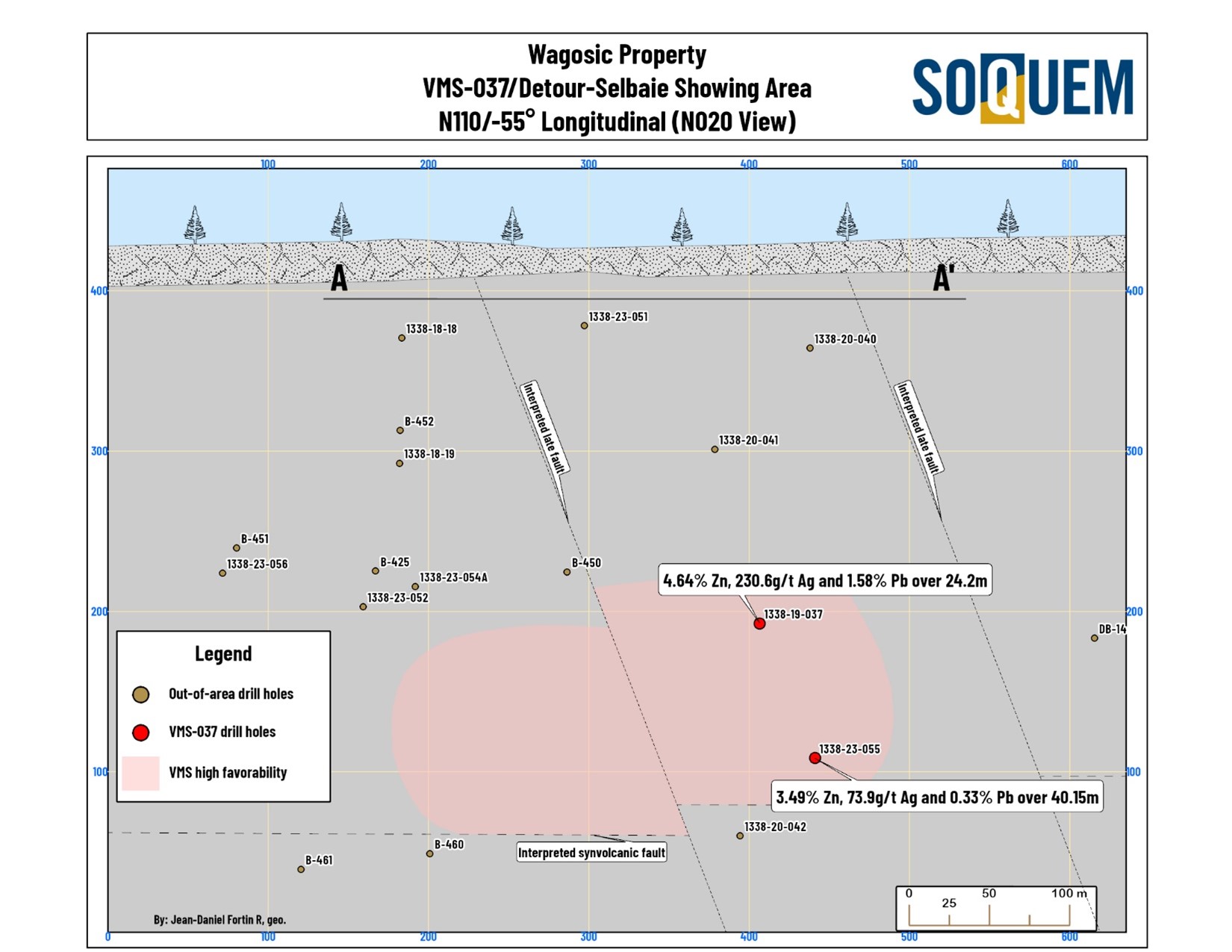 Longitudinal view (N110/-55°) of the VMS-037/Detour-Selbaie area.