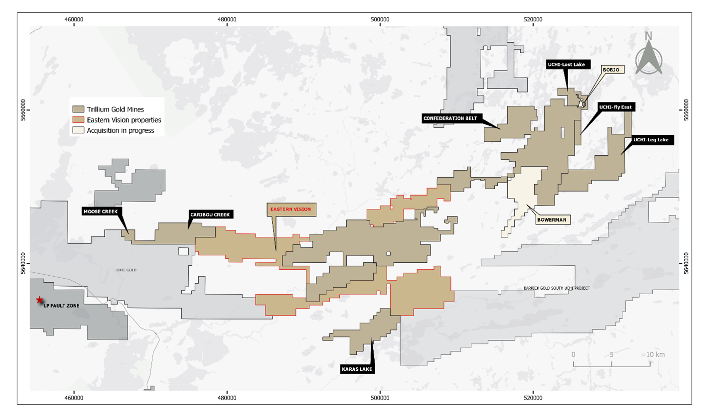Map showing Trillium Gold’s current landholdings and the acquired Eastern Vision claims