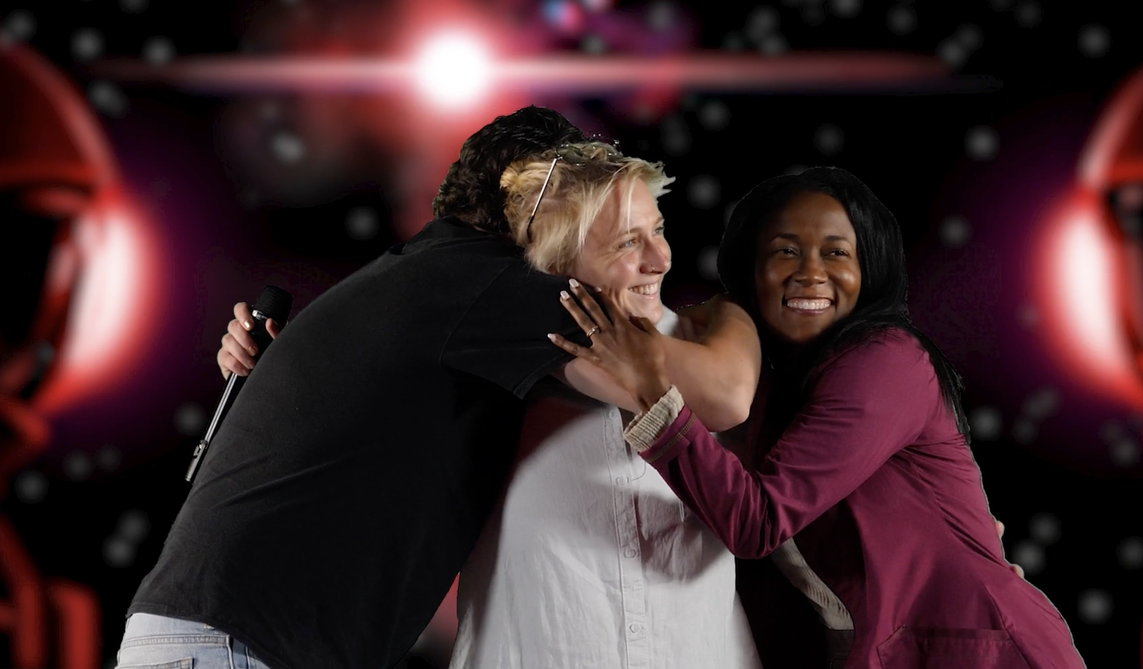 Melospeech and fellow winners hug during The Blox Season 18 finale after being named Most Investable Company.