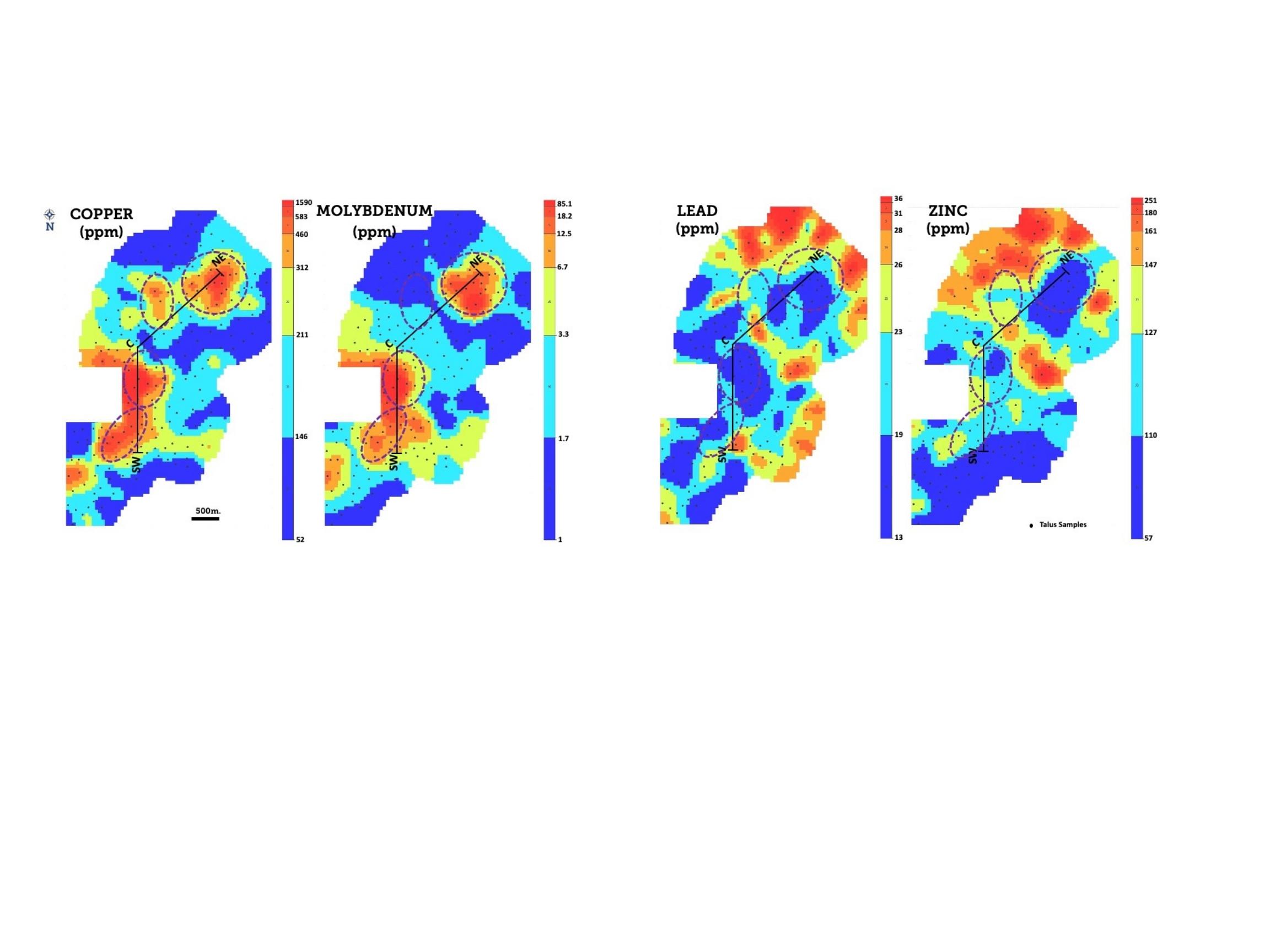 Figure 2: Talus copper, molybdenum, zinc, and lead geochemistry at Lacsha, showing patterns typically seen in certain porphyry deposits; anomalous cop