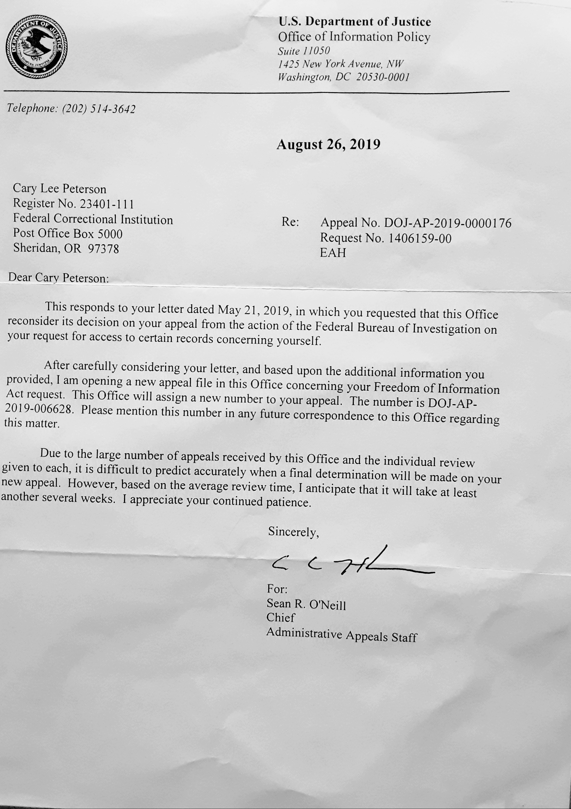 DOJ OIP LETTER ON PETERSON V. FBI APPEAL 26082019