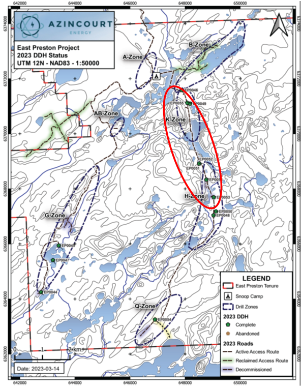 Figure 2: 2024 Target areas at the East Preston Uranium Project.  Primary target area of illite, dravite and kaolinite clay alteration highlighted in red.