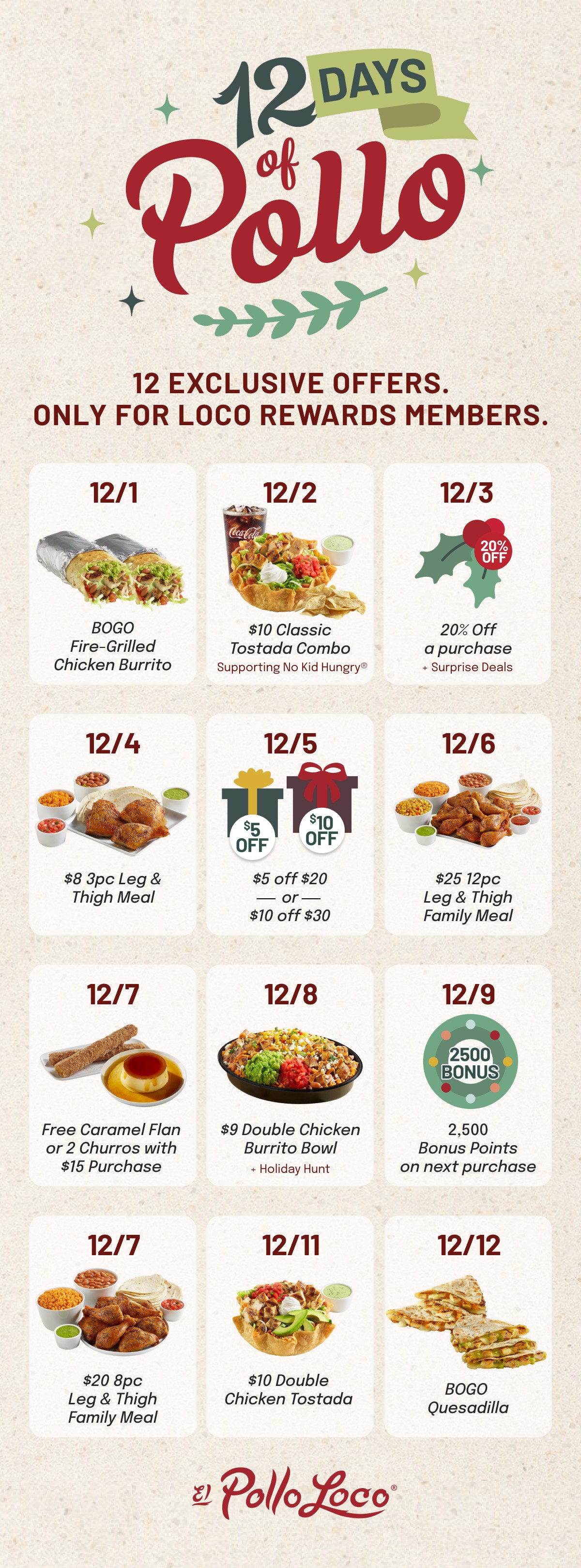 El Pollo Loco’s “12 Days of Pollo” promotion kicks off on December 1 with daily deals and specials for Loco Rewards members.