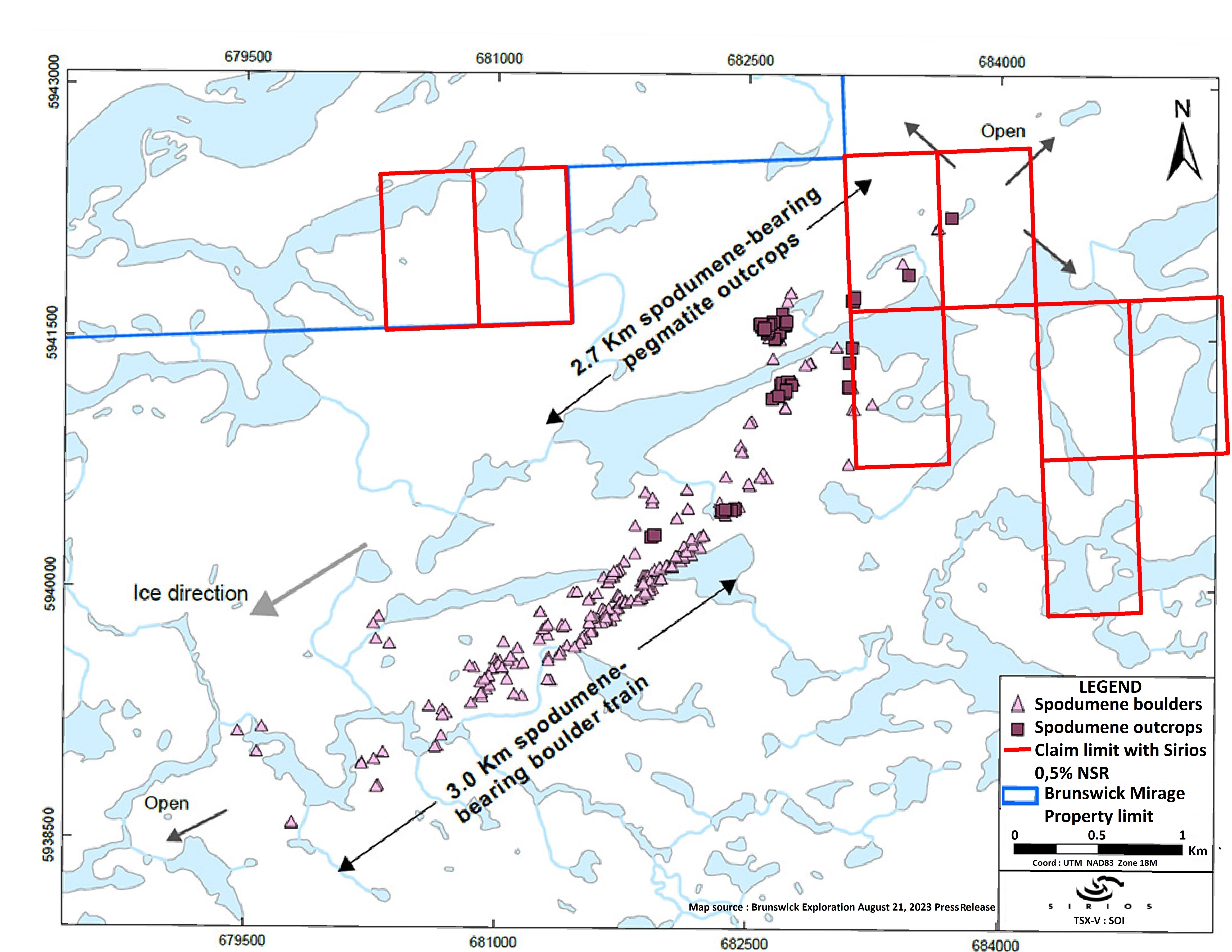 Location of the Lithium Brunswick's Mirage Project claims with Sirios' royalty