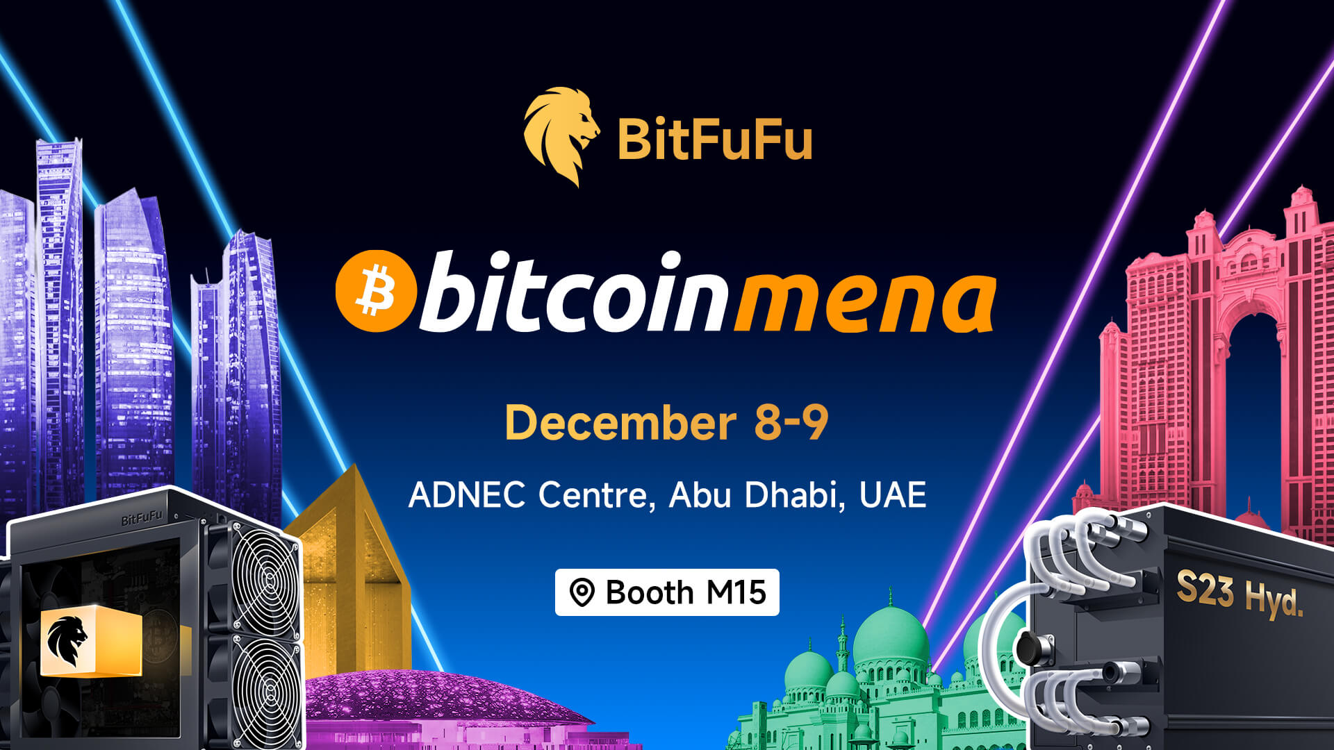 BitFuFu Bitcoin MENA 2025 conference promotional graphic showing event details December 8-9 at ADNEC Centre Abu Dhabi UAE with booth M15