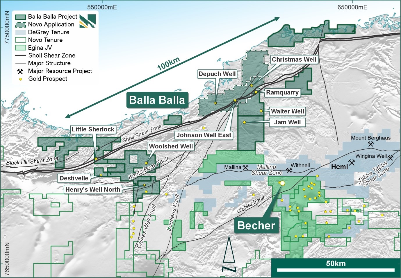 Location and tenure of the Balla Balla Gold Project, with preliminary structural interpretation and key prospects. Location of the Egina earn-in/JV tenure with De Grey in light green.