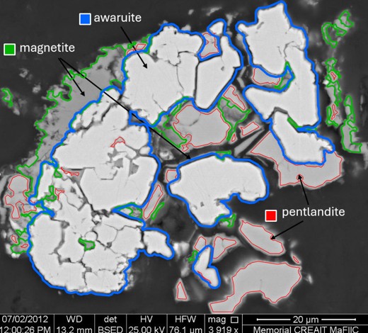 Awaruite mineral electron image showing desulphurization of primary pentlandite, from the Atlantic Lake Zone at the Pipestone XL Project. Imaged by Mike Piller (2012); credit Memorial University. 