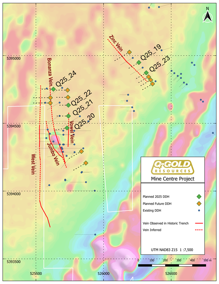 Map showing the planned six DDH for June 2025 (green diamond) and the already permitted holes in orange 