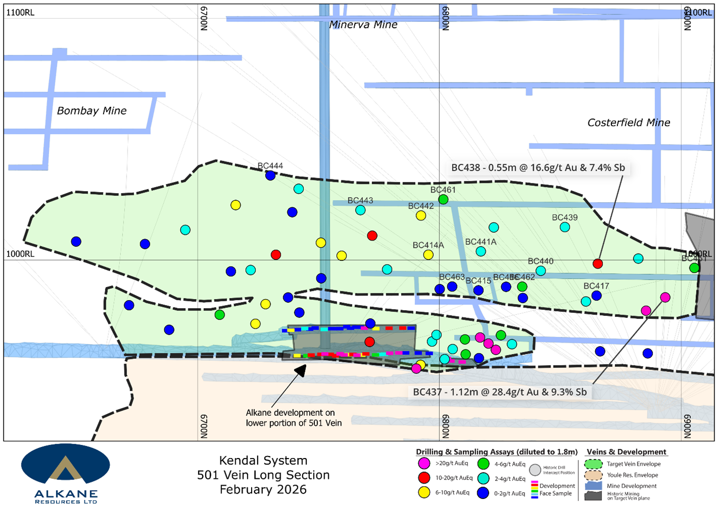 Long Section of the Kendal 501 Vein with high grade assays highlighted. The lower portion of the 501 vein has already been accessed by Alkane, and diluted face grades are shown alongside drilling intercepts.