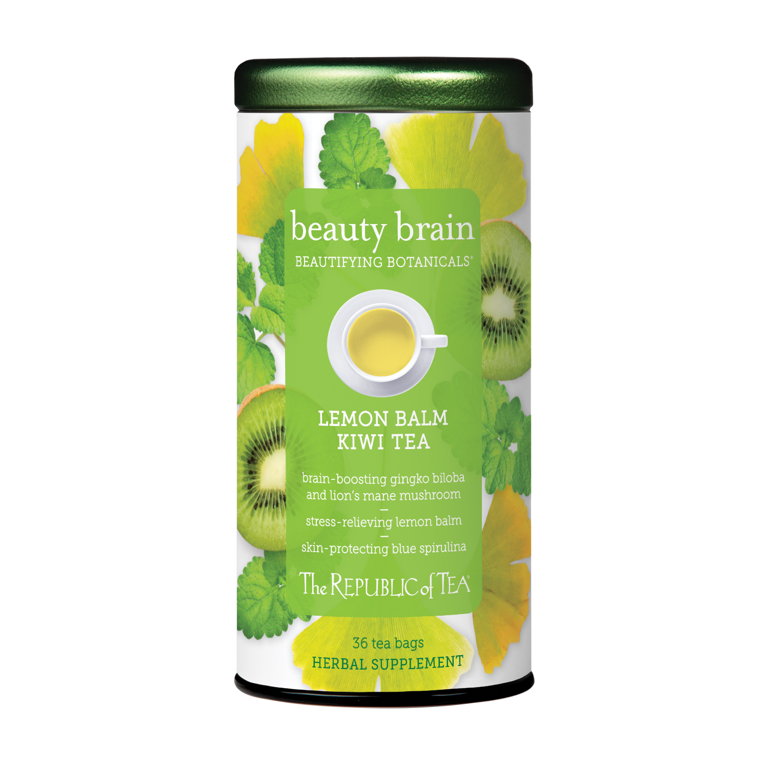 Beauty Brain™ features notes of sweet kiwi and calming lemon balm, which has potential to reduce stress and anxiety while boosting cognitive function.* Other cognition-supporting ingredients include Lion’s Mane mushroom, an adaptogen used in traditional Chinese medicine to support brain health, protect against dementia, and relieve mild symptoms of depression and anxiety*; and Ginkgo Biloba, which has also been used for thousands of years in traditional Chinese medicine to treat mental health conditions and fatigue.* 