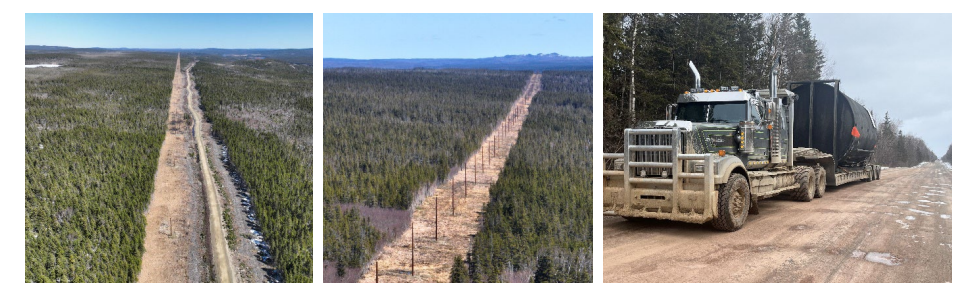 Left and Middle. Right-of-way clearance and transmission poles on the 44.5 km long powerline route. Right. Shipment of camp water tank by road. Both photos April 2023