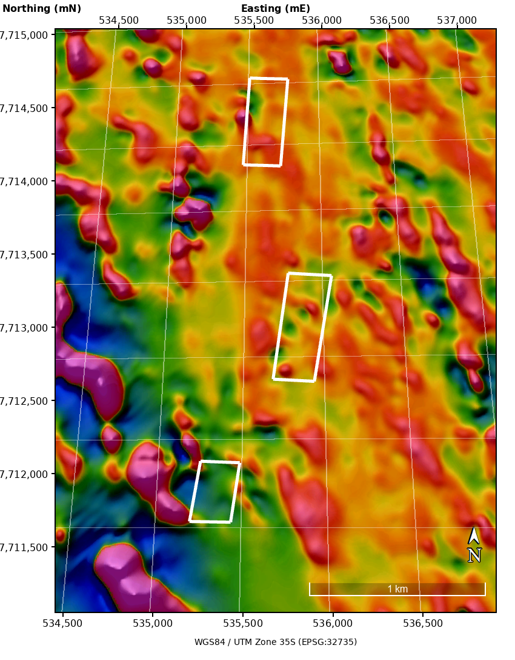First Vertical Derivative (1VD) of Reduced-to-Pole airborne magnetic data, upward continued 15 m, highlighting magnetic fabric and structural trends across the Vumba Gold Project. White outlines show the three priority target corridors selected through integrated geological, geochemical, drilling and geophysical interpretation.