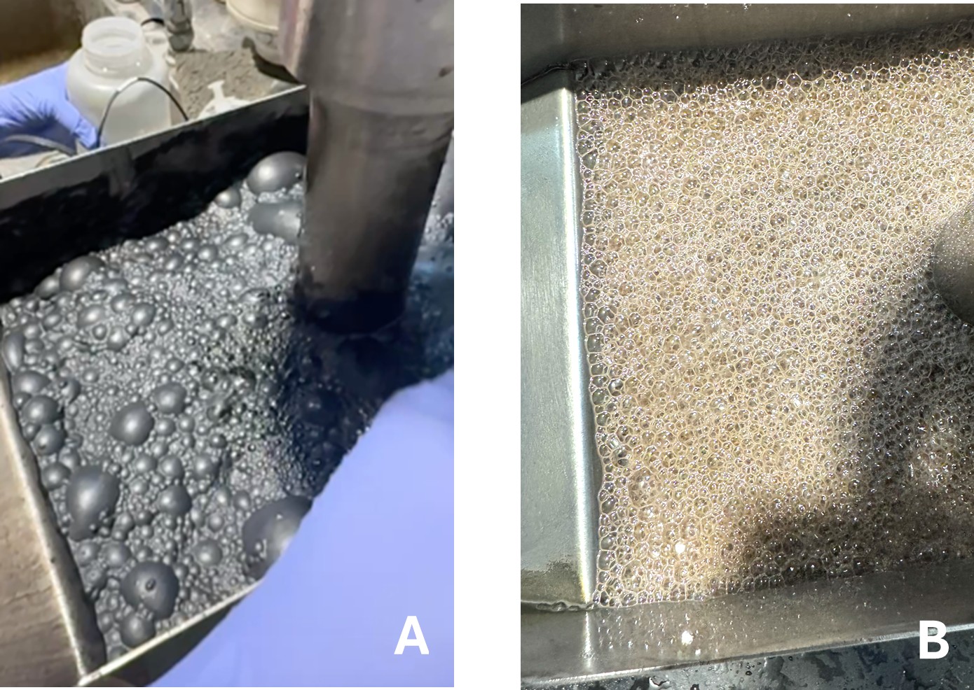 Initial high-grade froth (panel A) and depleted brittle froth (panel B) after 7 minutes of flotation